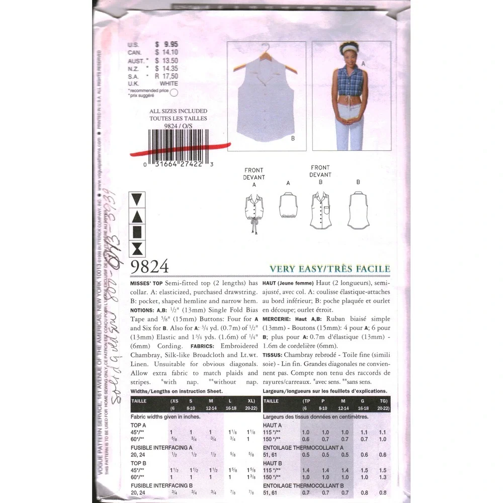 Vogue Elements 9824 Sewing Pattern Misses Cropped Top Button Front Sizes XS-XL